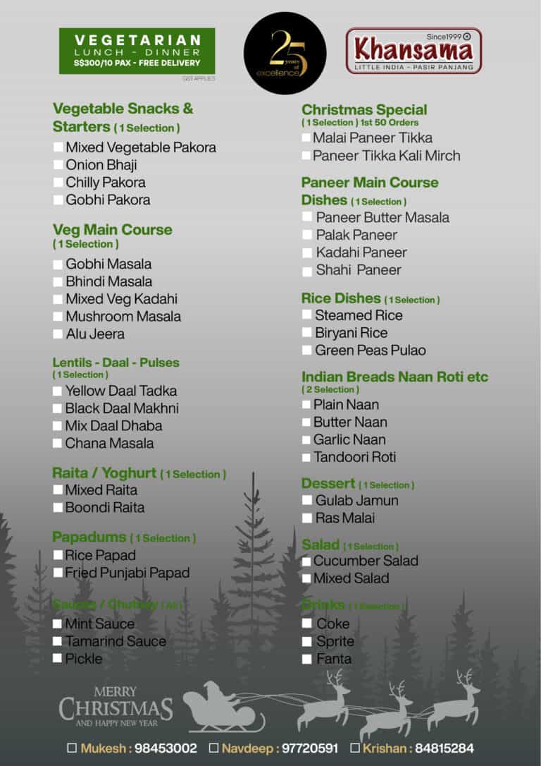 Khansama Vegetarian Catering for 10 Pax Khansama Tandoori Restaurant